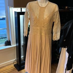 Zara pleated lace back zip dress, size medium in nude beige